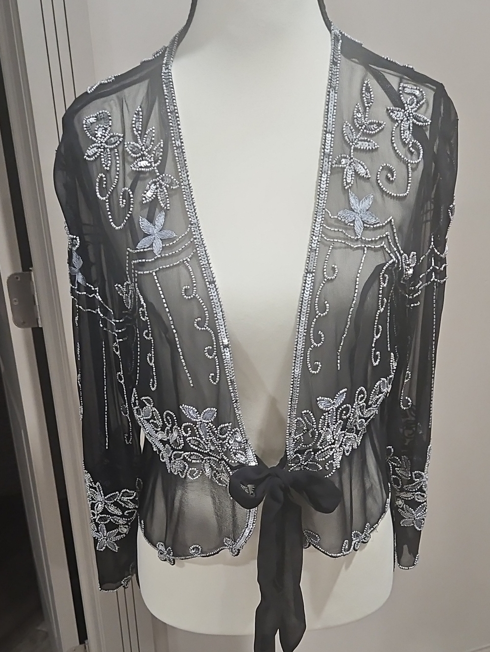 MARINA Vintage Black Sheer Embellished Tie-Front Jacket